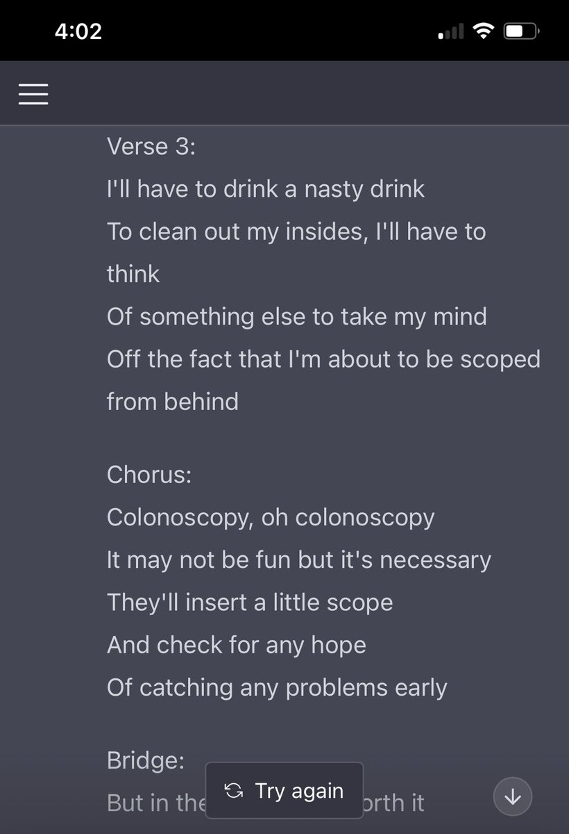 GastroDoctor's tweet photo. #ChatGPT wrote a funny song about colonoscopy on the fly https://t.co/ClVFjOOxNh