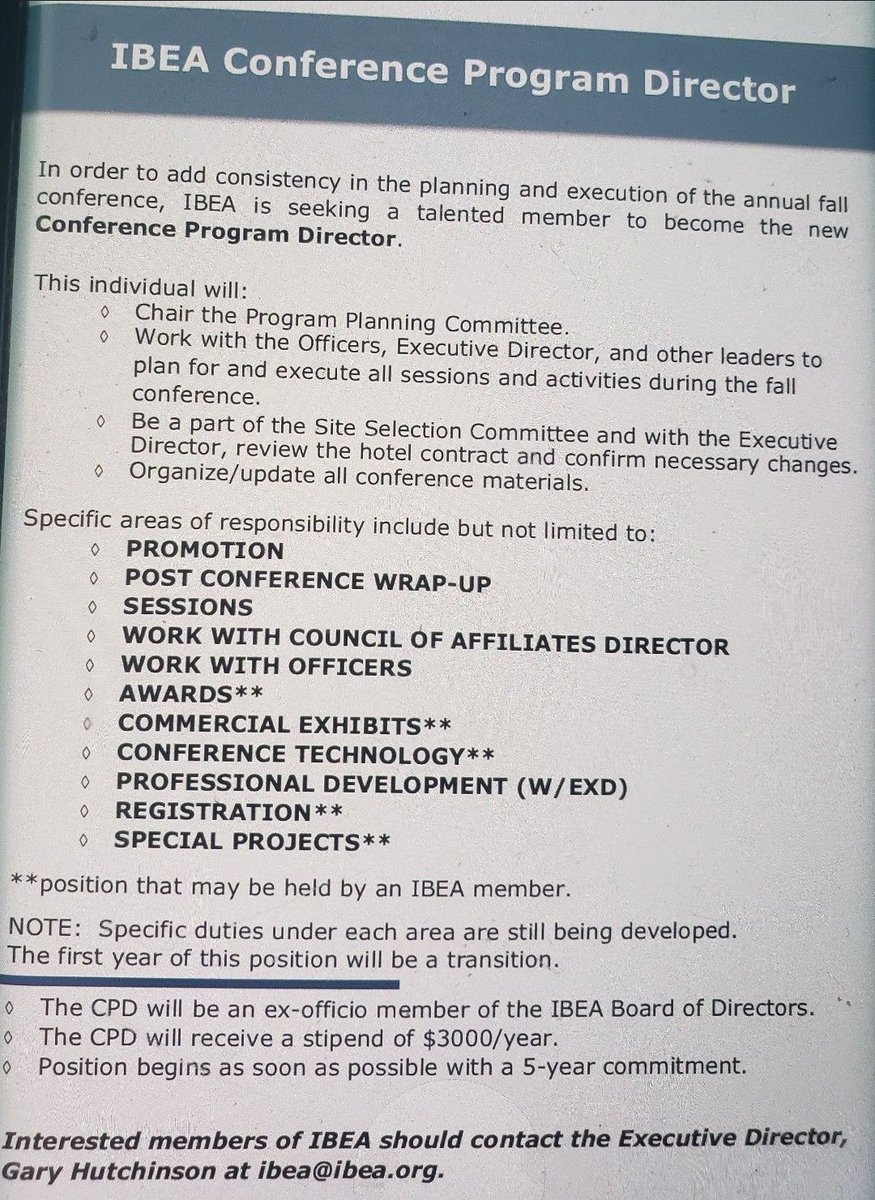 IllinoisIBEA's tweet photo. IBEA has opening that might be right for you or for someone you know: Conference Program Director (CPD). Stipend $3K/yr. Position begins as soon as possible with 5-yr commitment. Interested? See picture for more details. Email: Executive Director
Gary Hutchinson at ibea@ibea.org. https://t.co/7tvCbIZ8Q2
