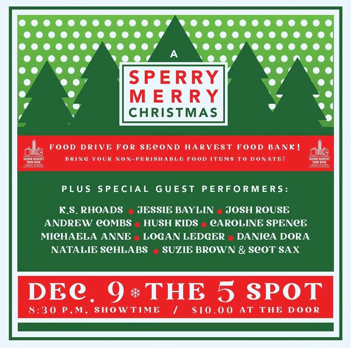 Hush Kids (@hushkidsmusic) on Twitter photo Join us TONIGHT, December 9th at The 5 Spot for the second annual Sperry Merry Christmas Holiday Extravaganza and Food Drive for <a href="/2HarvestMidTN/">Second Harvest Food Bank of Middle Tennessee</a>! We are excited to join a night of holiday cheer with Ali Sperry and friends. We hope to see you there! 🎄✨❄️ Join us TONIGHT, December 9th at The 5 Spot for the second annual Sperry Merry Christmas Holiday Extravaganza and Food Drive for <a href="/2HarvestMidTN/">Second Harvest Food Bank of Middle Tennessee</a>! We are excited to join a night of holiday cheer with Ali Sperry and friends. We hope to see you there! 🎄✨❄️
