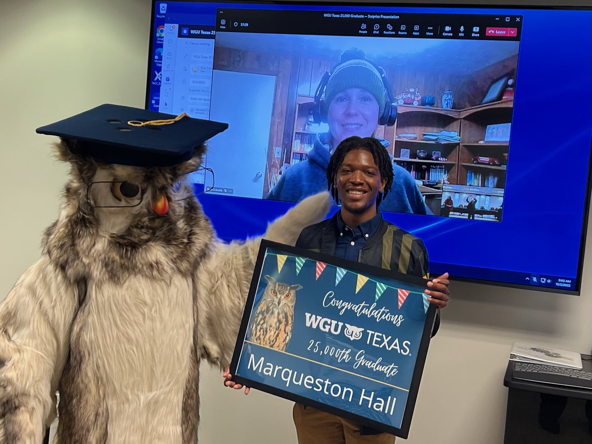 When Marqueston Hall earned his Master's of Science in Management &amp; Leadership from #WGUTexas, he became our 25,000th graduate! We were able to honor him with a surprise celebration. He was able to accelerate through the program and complete his degree on October 6, 2022!