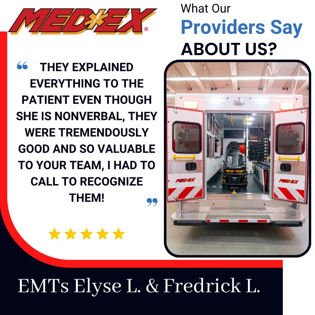 medexamb's tweet photo. Today we received a phone call from a Nurse at a local healthcare facility. She was so impressed with the "outstanding" care provided by one of our BLS crews. Thank you for what you do Elyse &amp; Fredrick! #emtlife #thankyouemts https://t.co/EsHTqdufpO