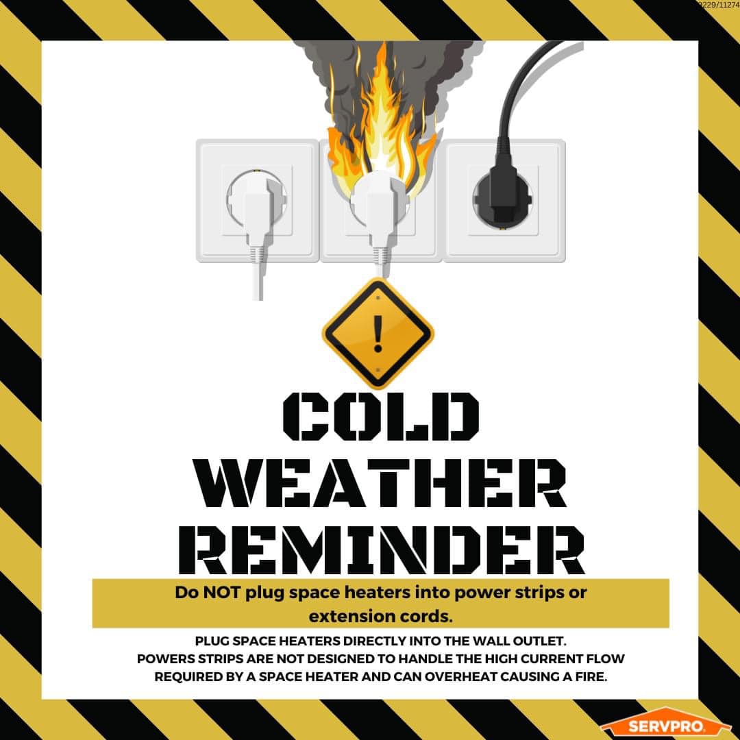 #FridayFact: #Spaceheaters should NEVER be plugged into #powerstrips or #extensioncords. This creates a huge #FireHazard. If you have to use a space heater, plug it directly into a wall outlet!
#SERVPRO #FridayFact #ElectricalFire #FireDamage #HereToHelp