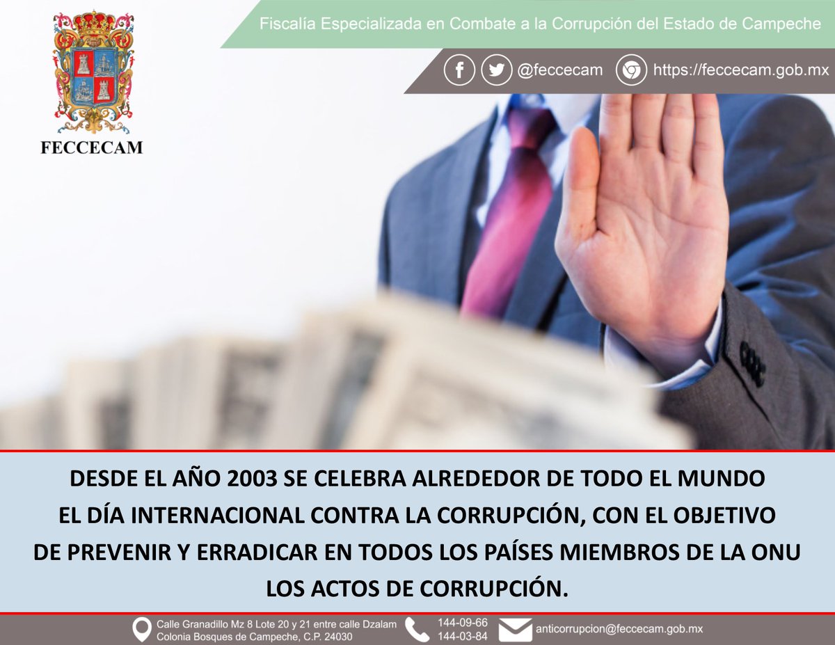 feccecam's tweet photo. 9 DE DICIEMBRE

¡DÍA INTERNACIONAL CONTRA LA CORRUPCIÓN!

#CorrupciónCer0 @conafamexico @SECONTCampeche @ASECampeche @LegislaturaCamp https://t.co/sT1t6HnL0K