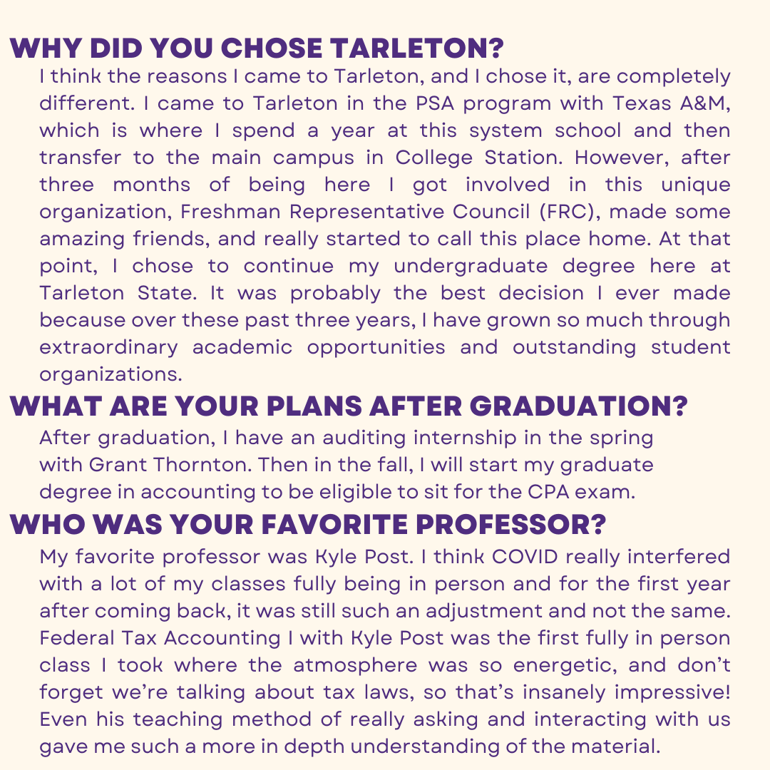 COBTarleton's tweet photo. To finish off our Outstanding Graduate recognition is Jordan Duzich! Congratulations to you Jordan, and we wish you the best of luck in all your future endeavors!
#TarletonGrad #BleedPurple #Outstanding https://t.co/7i1mOavnPd