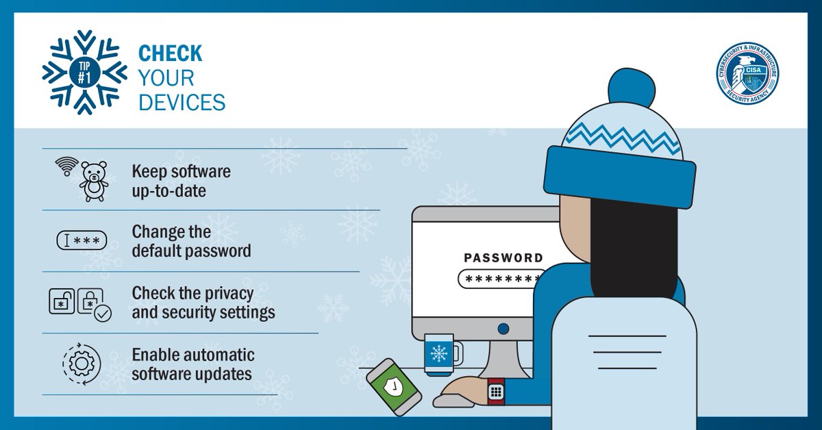 CISAgov's tweet photo. Here's our holiday shopping cyber hygiene checklist: ⤵️ 

✅ Make sure the device you’re using is up-to-date before shopping online.  
✅ Check your accounts to use strong passwords &amp; enable MFA.  
✅ Enable automatic updates! 

🎁Learn more: https://t.co/MUDwwUjtON https://t.co/9rqbH8evff