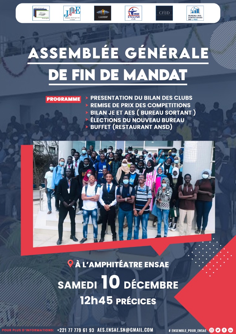 AesEnsae's tweet photo. l’Assemblée Générale de fin de mandat du bureau actuel de l’AES aura lieu ce samedi à partir de 12h45 Précises

Elle se soldera par l’élection du nouveau bureau de l’AES. https://t.co/bLQ7S0YyrT