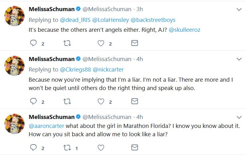 dazed112's tweet image. (1/12) In addition to my thread exposing the lies of @nickcarter's other accusers I want to expose the manipulative behavior of Melissa Schuman. Not long after she went public with her story she began harassing people close to Nick including his bandmate AJ and brother Aaron.