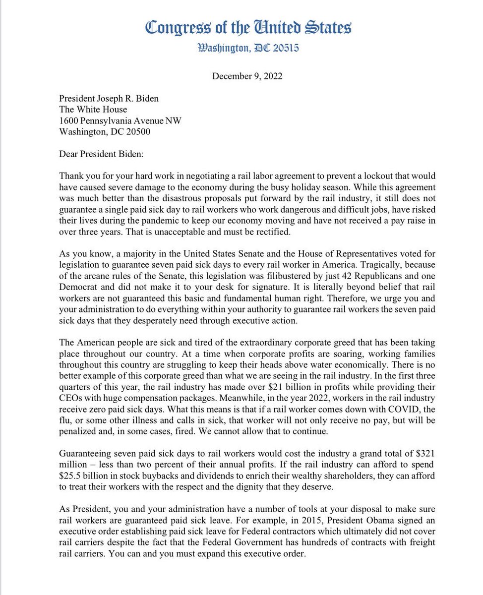 SenSanders's tweet image. I sent a letter today with more than 70 of my colleagues in the House and the Senate urging President Biden to do everything within his power to guarantee rail workers the seven paid sick days that they desperately need.