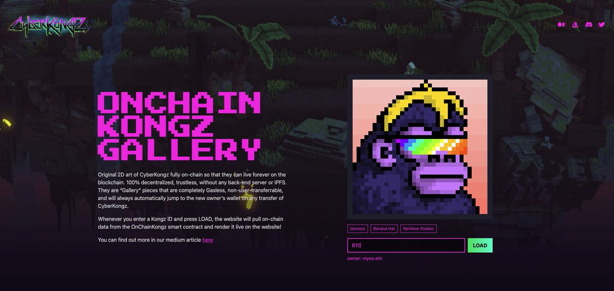 CyberKongz (@cyberkongz) on Twitter photo OnChain Kongz are the original 2D CyberKongz art, which are stored on-chain. βοΈπ¦
You can now visit the site below, enter your Kongz ID, and the site will display an image of your Kong, along with its traits! π
Thanks to <a href="/0xInuarashi/">0xInuarashi</a> & <a href="/CypherLabz/">CypherLabz</a> for developing this tool! OnChain Kongz are the original 2D CyberKongz art, which are stored on-chain. βοΈπ¦
You can now visit the site below, enter your Kongz ID, and the site will display an image of your Kong, along with its traits! π
Thanks to <a href="/0xInuarashi/">0xInuarashi</a> & <a href="/CypherLabz/">CypherLabz</a> for developing this tool!