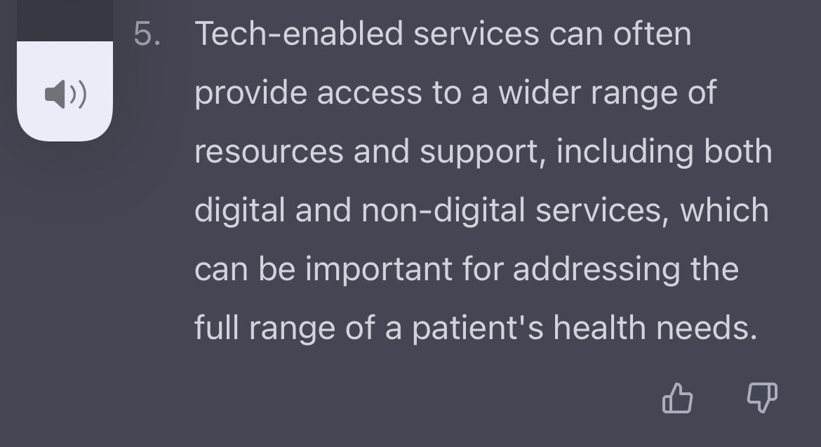 I asked #ChatGPT to list the reasons why tech enabled services are more effective than pure tech for care delivery.  I’m not sure how it pulled this info, but this response was impressive.  This AI is legit!