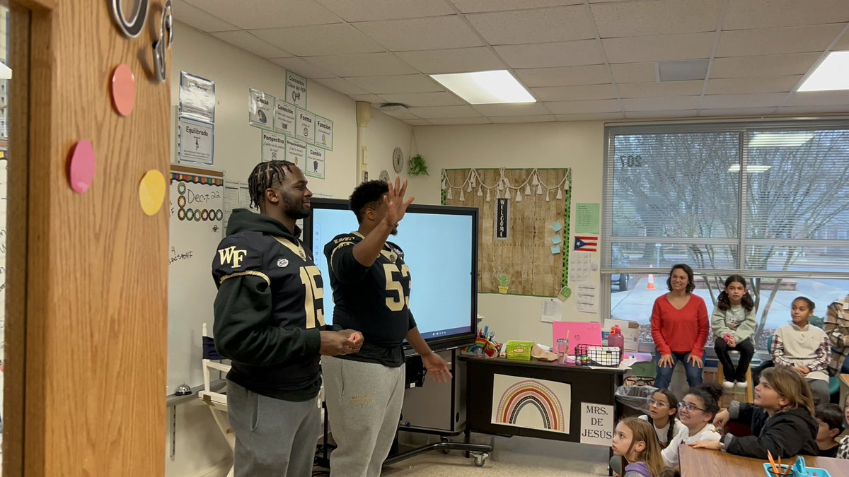 SpeasGlobal's tweet photo. “Reading is everywhere! It’s so important!” Thank you to @WakeFB players for speaking with #SpeasG4 today about the Skip Prosser #READChallenge! Continue to read for this programe! Check out Mrs. Kadlac’s Canvas page for details. @kidlitwfu @SpeasBeesRead #GoDeacs https://t.co/mvBMaKtJN0