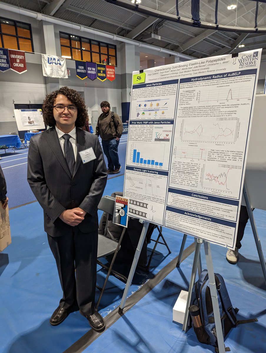 wirthlab's tweet image. Shoutout to @CWRUartsci undergrad Diego Calderon presenting his poster at @cwru #Intersections on &quot;Characterizing Gold-Binding Elastin-Like Polypeptides&quot;. 

Collaboration with @RennerResearch aiming to engineer molecular control into active systems. Check it out! 

#ColloidsRCool