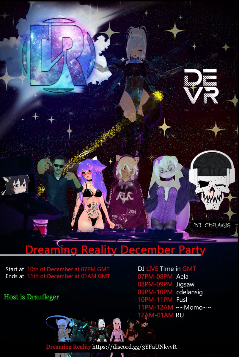 VirtualClub_DR's tweet image. Yo we are doing an event in vrc again.
Host is @draufleger 
vrchat.com/home/user/usr_…
and here is our amazing Lineup 
@AelaMusic 
@JigsawTheDJ 
cdelansig 
@OhNoItsFusl 
@Momo_vr0001 
@RuTransverse 
and amazing Dancer from @devrdance 
discord.gg/3YFaUNkvvR
discord.gg/QwgJa4tuzG