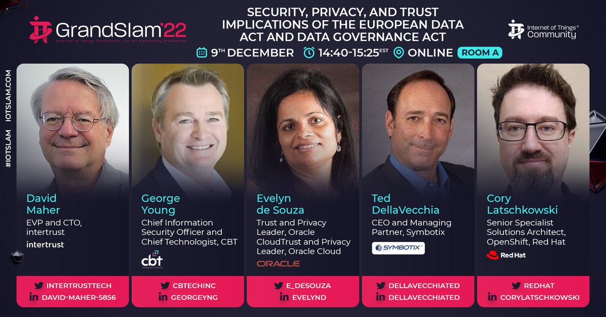 Live in 15 mins, discover the issues that combine to keep us from realizing the enormous value of IoT data. Join David Maher, George Young, @e_desouza, @DellaVecchiaTed, & Cory Latschkowski @IoTSlam Grand Slam 2022 #SPTIoTCoE Panel. iotslam.com/session/sptiot… #IoTCommunity #IoTSlam