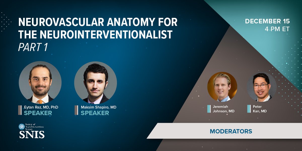 Don't miss the next #SNISinsights webinar, "Part 1: Neurovascular Anatomy for the Neurointerventionalist" Thurs., Dec 15 at 4 p.m. ET! SNIS Education Chair <a href="/PeterKa80460001/">Peter Kan</a> &amp; <a href="/jerjohnson/">Jeremiah Johnson MD, FAANS</a> will sit down with <a href="/eytanraz/">Eytan Raz</a> &amp; Maksim Shapiro, MD. Register now ➡️ register.gotowebinar.com/register/76282…
