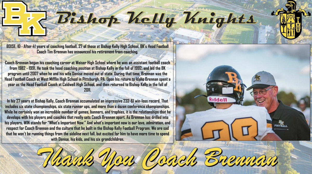 BKHSKnights's tweet image. 6️⃣ state championships
6️⃣ state runner-ups
4️⃣ undefeated seasons
1️⃣2️⃣ conference championships
2️⃣3️⃣2️⃣ career wins

After 41 seasons of working the sidelines, BK’s Tim Brennan (class of ‘77) has called it a career. 

Happy retirement, Coach! You will be dearly missed. #GoKnights⚔️
