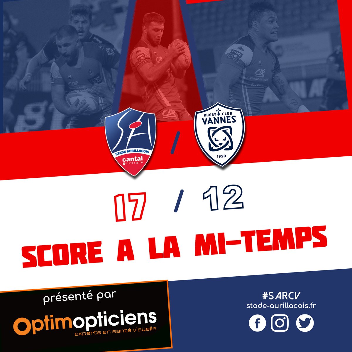 SArugbyofficiel's tweet photo. #SARCV
Le score à la mi-temps présenté par Optim Opticiens :
@SArugbyofficiel : 17 / @RugbyClubVannes : 12
2 essais inscrits par Adrian Smith et AJ Coertzen dans les arrêts de jeu.
On lâche rien pour la 2ème mi-temps.
Allez Aurillac !
#SAfamily #StadeAurillacois
🔴🔵🏈🏈💪💪 https://t.co/GVKdcUItDZ