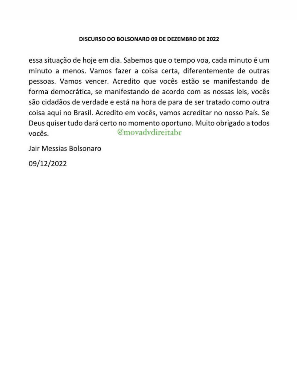 movadvdireitabr's tweet photo. Discurso de @jairbolsonaro hoje. 

Transcrição realizada pela advogada @tamygomes https://t.co/fC3zisGorp