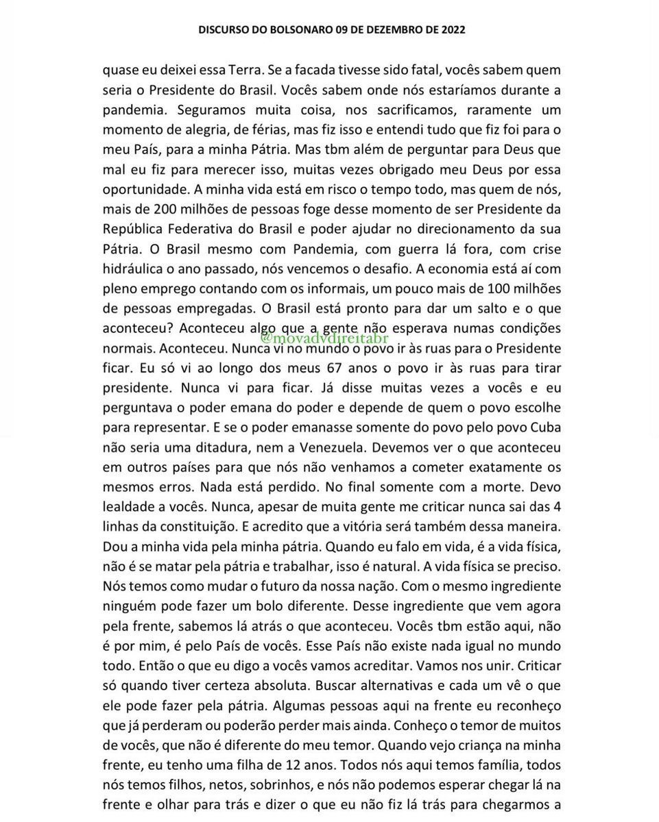 movadvdireitabr's tweet photo. Discurso de @jairbolsonaro hoje. 

Transcrição realizada pela advogada @tamygomes https://t.co/fC3zisGorp