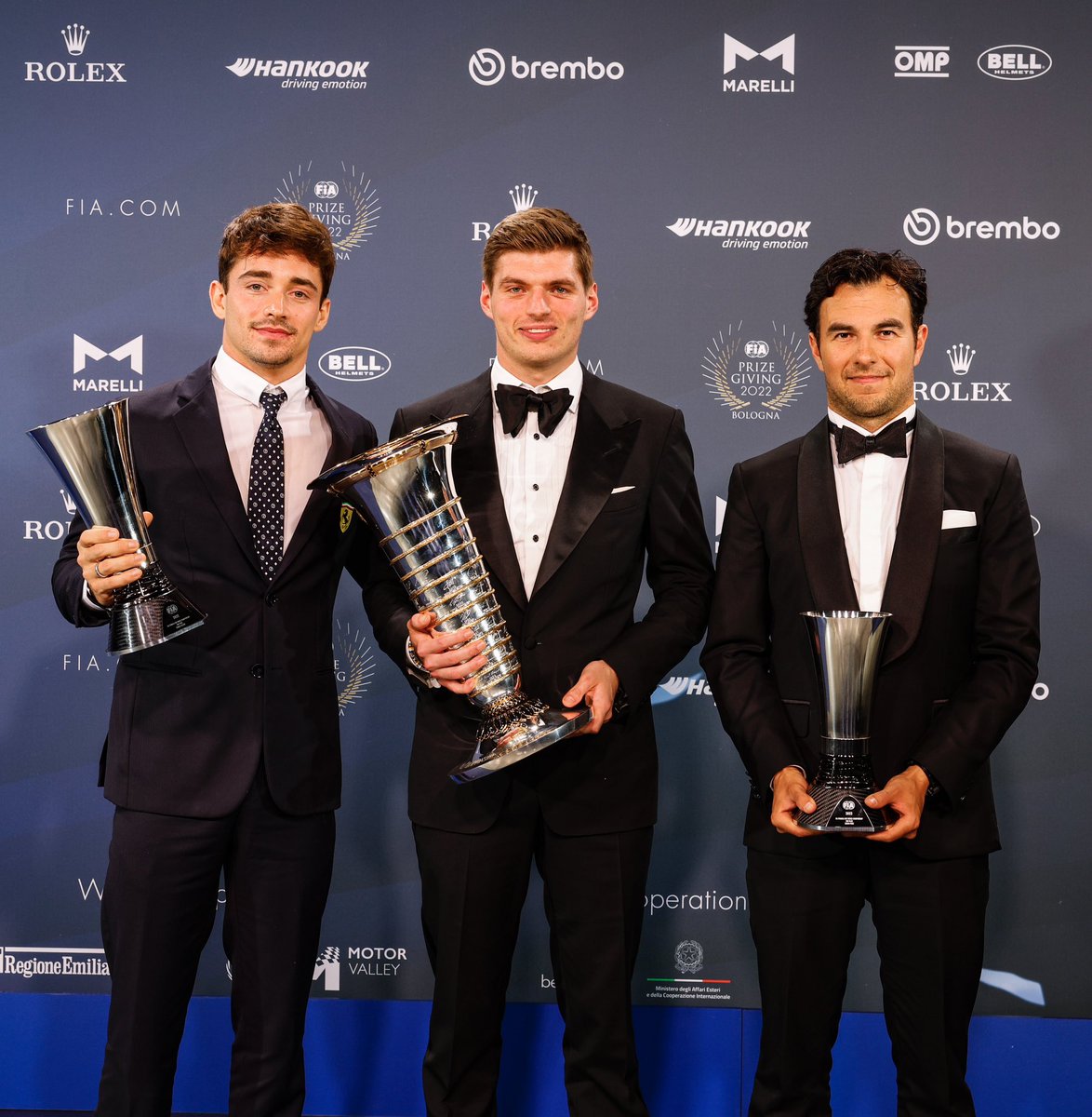 Charles Leclerc, Max Verstappen and Sergio Perez with their trophies 🏆 #F1 #FIAPrizeGiving