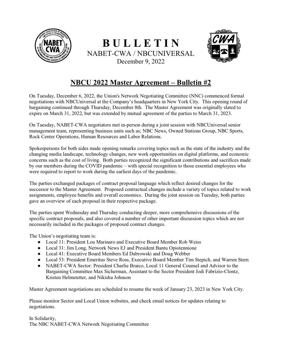 NBC Negotiations - Bulletin #2

#negotiations #union