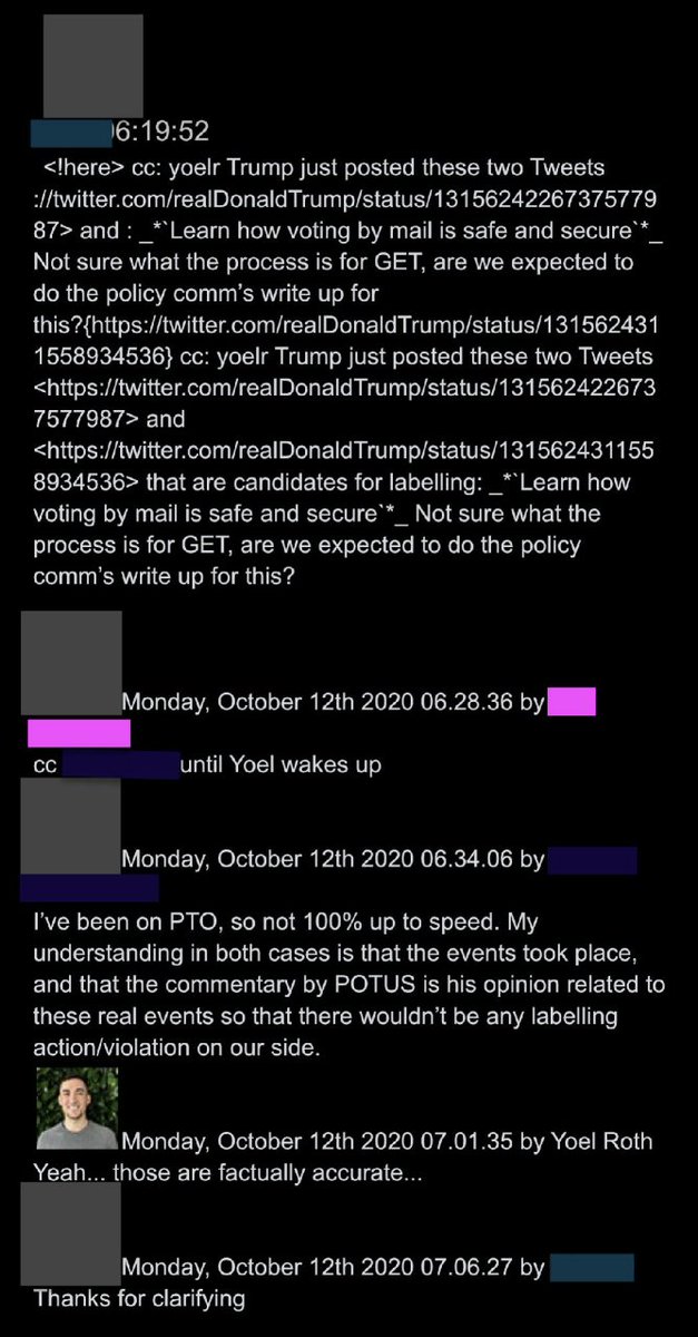 @ShellenbergerMD @bariweiss @JohnBasham @TitaniaMcGrath 35.  In another example, Twitter employees prepare to slap a “mail-in voting is safe” warning label on a Trump tweet about a postal screwup in Ohio, before realizing “the events took place,” which meant the tweet was “factually accurate”: 