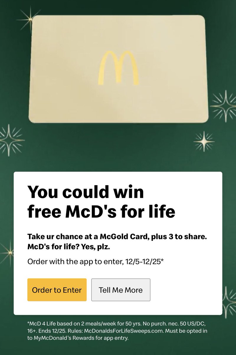 McDonald’s has a contest where you can win its food for life. Defined as 2 meals a week for 50 years. No one eating McDonald’s twice a week is gonna make it 50 years. #mcdonalds