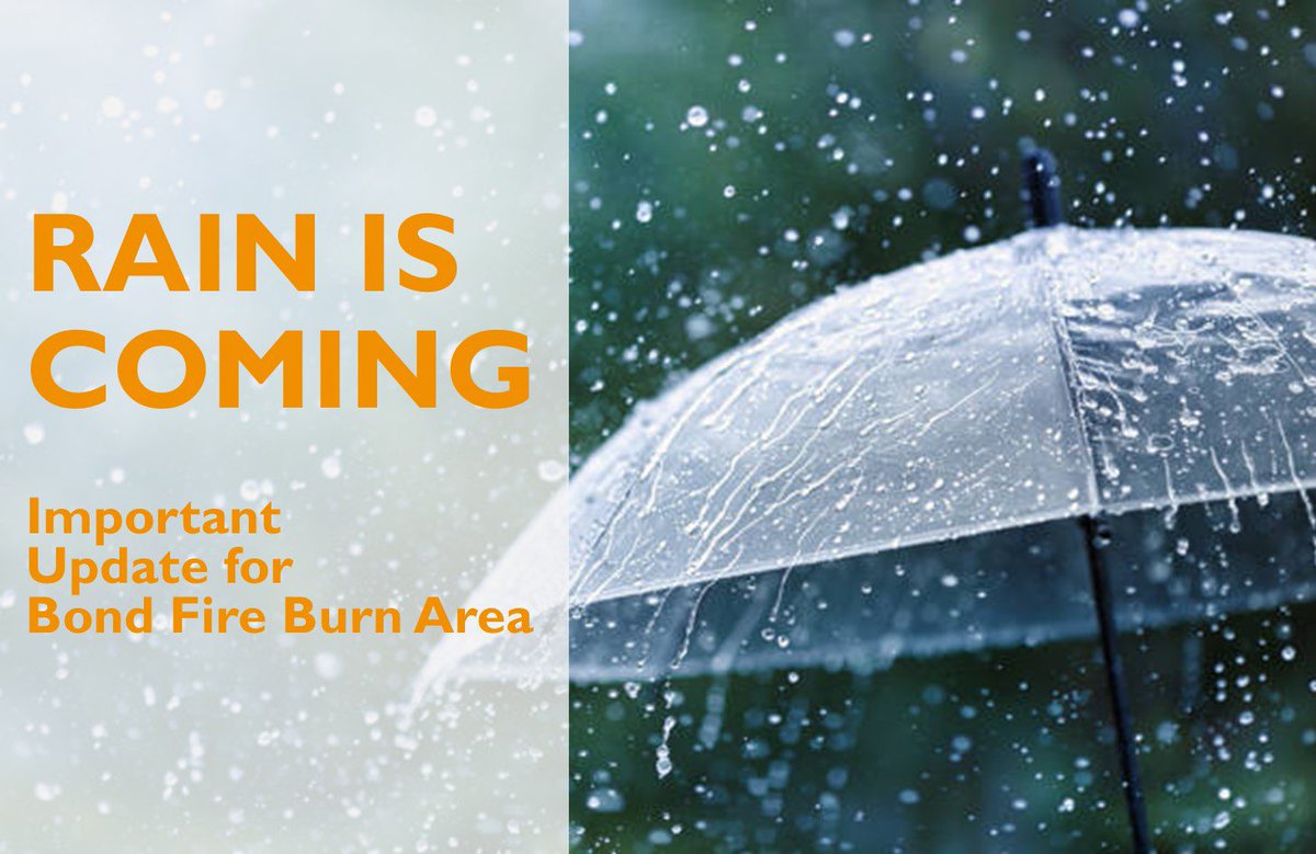 (Part 1 of 2) #Rain expected to hit Orange County Sat night thru Mon, heaviest expected on Sun. Rainfall rates currently to be below #flashflood watch &amp; evacuation thresholds, but conditions could change &amp; residents should remain vigilant. Visit OCSheriff.gov/BondFire for info