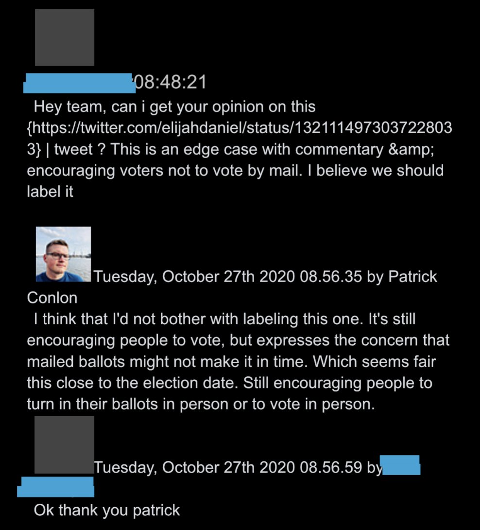 @ShellenbergerMD @bariweiss @JohnBasham @TitaniaMcGrath @RealJamesWoods 41. Meanwhile, there are multiple instances of involving pro-Biden tweets warning Trump “may try to steal the election” that got surfaced, only to be approved by senior executives. This one, they decide, just “expresses concern that mailed ballots might not make it on time.” 