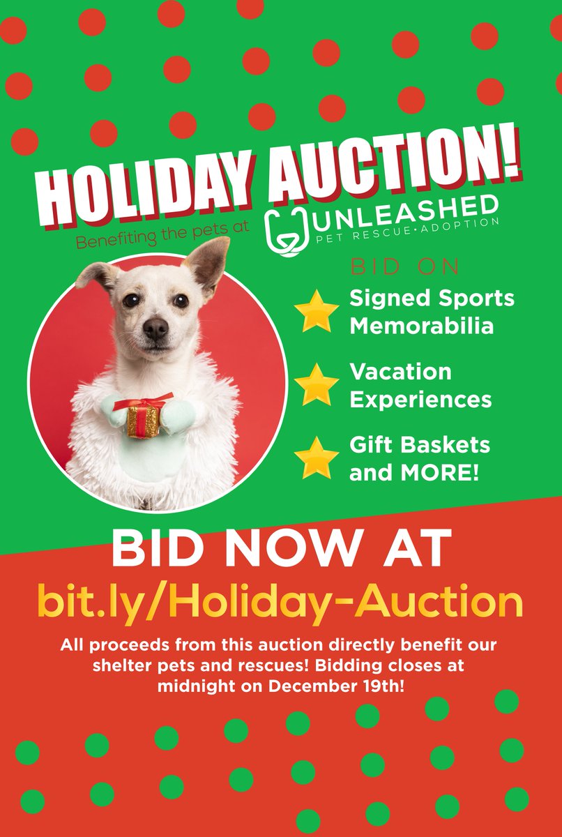 UnleashedRescue's tweet image. Our 2022 Online Holiday Auction is open for bidding‼️🌟  We&apos;ve got some amazing items to bid on from autographed sports memorabilia to vacation getaways and gift baskets, all to benefit our shelter pets and rescues! 🏈⛱🐾
Place your bids NOW at ✨ bit.ly/Holiday-Auction ✨