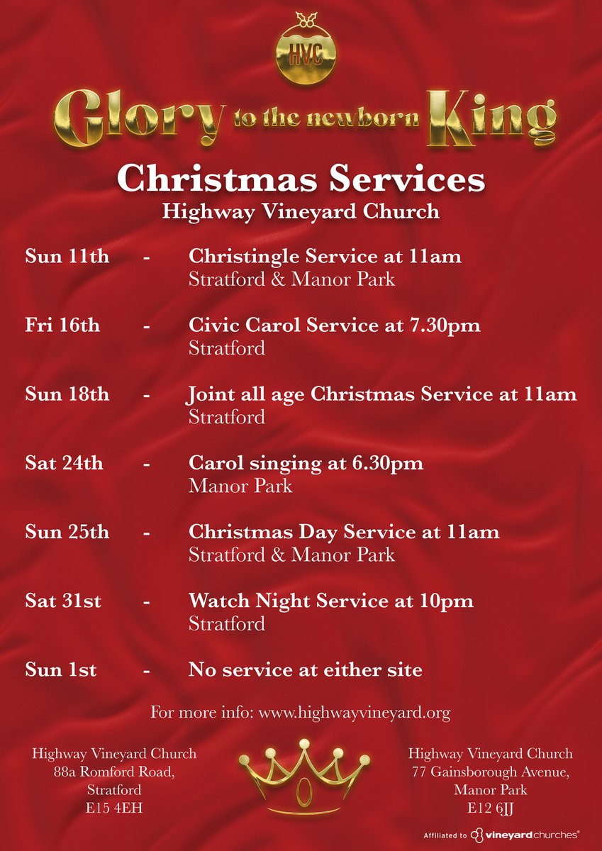 Our programme of services to celebrate Christmas begins this weekend.  We would love to welcome you to Highway Vineyard during the festive season!  <a href="/VCUKI/">Vineyard Churches</a> <a href="/SimClinton/">Simon Clinton</a>