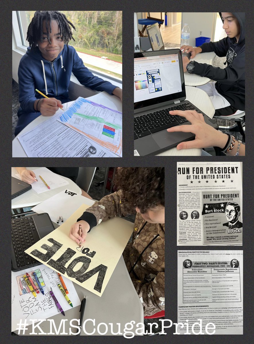 sunshinescardi's tweet photo. Our @HumbleISD_KMS 8th graders in U.S. History🇺🇸@Kellygestwebb @USH_SmithsonKMS @sunshinescardi ‘Run for President’ coming ⬆️ w/their political party slogans, beliefs &amp; poster! Why should we vote 4️⃣U?🗳#KMSCougarPride #DoingSocialStudiesDaily @humble_SocSt #DocumentDecember https://t.co/2ZkA0Pbp2O