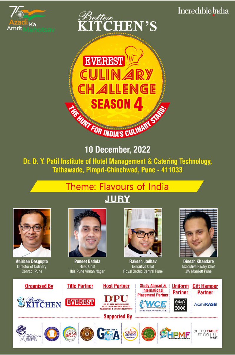 #Introducing Our most #dynamite #jury #chefs panel comes with different #experiences of their #professional #kitchenstation.
#BetterKitchen #CulinaryChallenge presents #talent #opportunity for #BuddingChefs #everestbkcc #season4 #pune 10th #December <a href="/DPUPune/">Dr. D. Y. Patil Vidyapeeth, Pimpri, Pune</a>