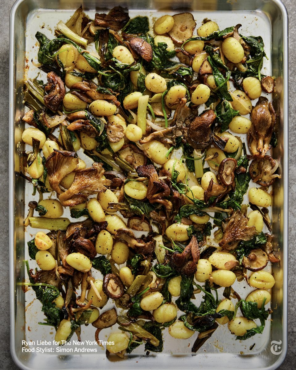 nytimes's tweet image. This sheet-pan gnocchi recipe is inspired by classic steakhouse sides: roasted mushrooms, creamy horseradish-mustard sauce, wilted spinach and roasted potatoes. nyti.ms/3XGM7ZC