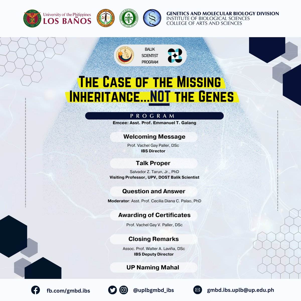 uplbgmbd_ibs's tweet photo. 𝗚aining 𝗠eanings through 𝗕iological 𝗗iscussions
#UPLBSeminar #DOSTBalikScientist #IBSeminar
Excited about the seminar entitled "The Case of the Missing Inheritance...NOT the Genes: The Role of Directed Chemistry in Transgenerational Epigenetics with Implications for... [1/n] https://t.co/vs0PUhqwWE
