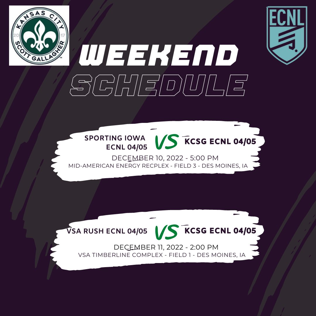 Kansas City Scott Gallagher ECNL 04/05 opens up ECNL Heartland Conference play this weekend in Des Moines, IA.

#TRADITION #HUMILITY #RESPECT #UNITY #PASSION