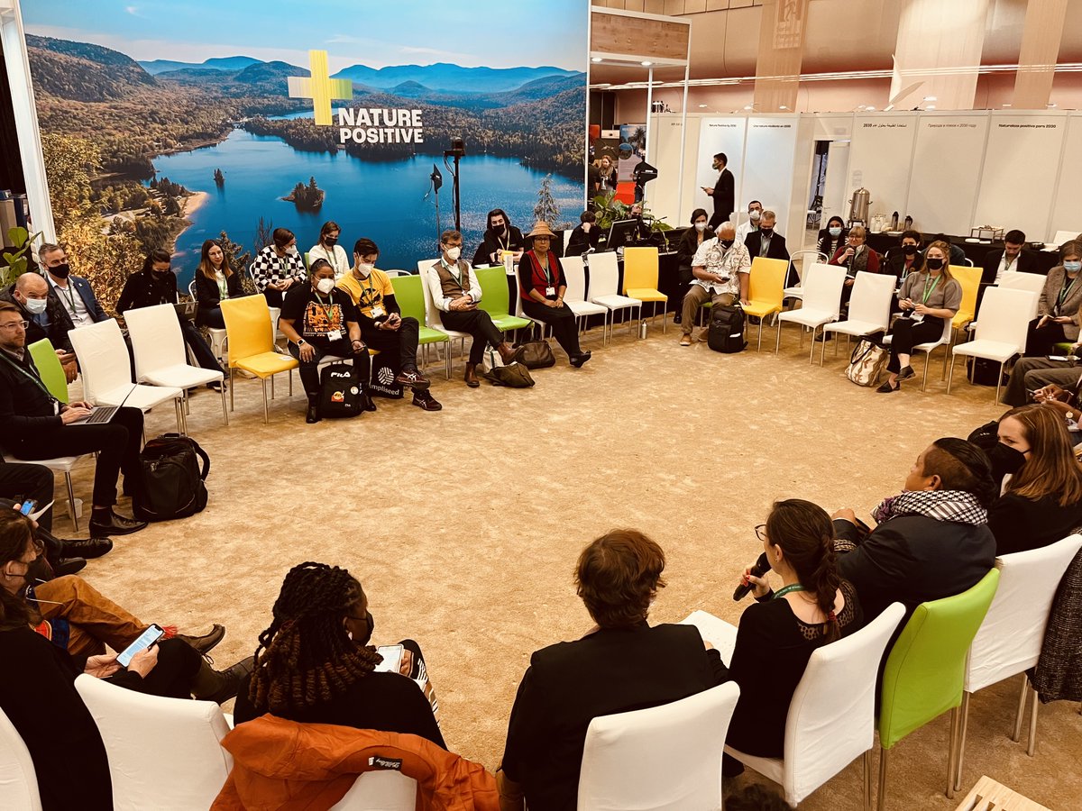 mistyedgecomb's tweet photo. Indigenous voices called for "integrity and connectivity" in the global biodiversity framework at the #NaturePositive pavilion today: Connecting people with nature ... traditional knowledge and community leadership with other conservation efforts ...biodiversity with climate. https://t.co/guYBlt4GJq