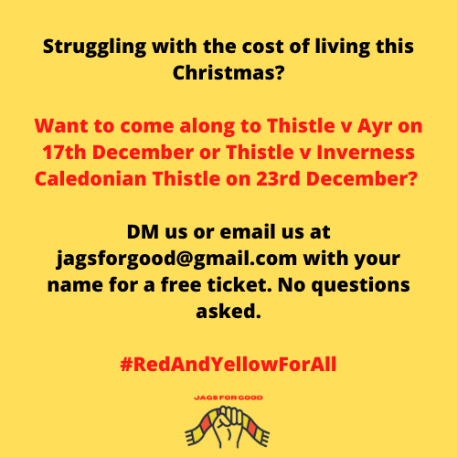 A lot of us are struggling financially at the moment. But thanks to <a href="/Jags_Foundation/">The Jags Foundation</a> and <a href="/ptfctrust/">PTFC Trust</a>'s sponsorship, we have 25 free tickets for the next two Thistle home games. 

If you're finding it hard right now, DM or email us for a free ticket. No questions asked❤️💛