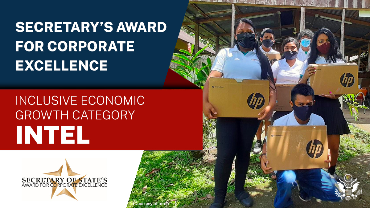 StateDept's tweet photo. Congrats to @intel in Costa Rica for winning the Secretary of State’s Award for Corporate Excellence in the Inclusive Economic Growth category. This award recognizes their STEM and English as a Second Language training program for underserved populations. #SecStateACE https://t.co/jDGyki4cm1