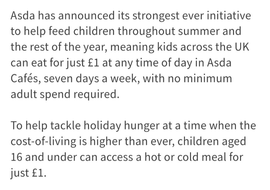 BDBSchool's tweet photo. @asda have extended the deal outlined below until the end of the year. Kids can have a hot meal for £1 (no adult spend needed) in an Asda cafe at any time of day, seven days a week. A free pouch of baby food is also available. Well done Asda, thank you 👏 https://t.co/7qdMTh6q7A