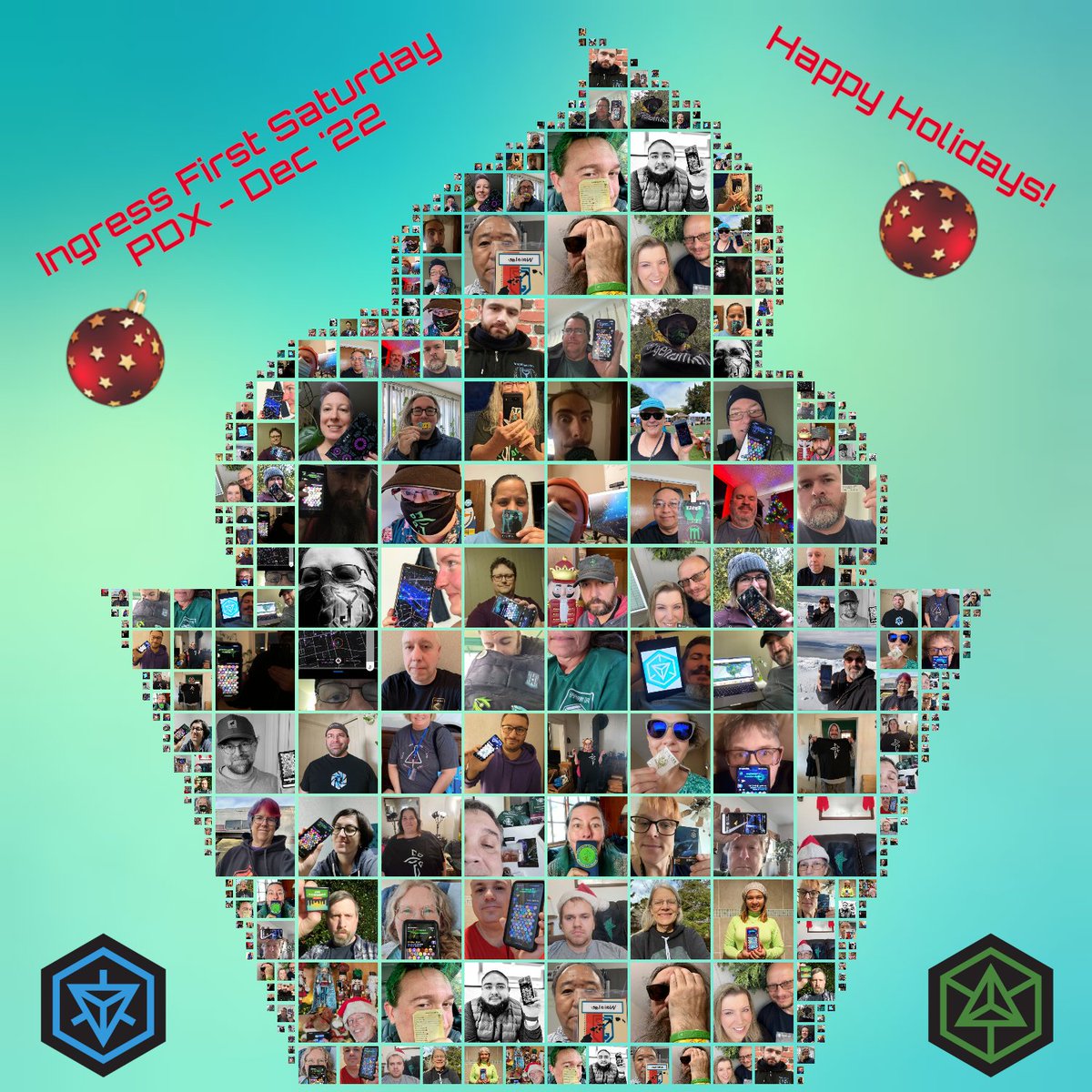 Portland's December First Saturday had 71 agents join us! 👏📱

Taking the crown, the Enlightened won with 22,870,188 XM recharged. 💚

Here's our photo collage of agents who sent in selfies during the event. 📸

#IngressFS #pdx #HappyHolidays2022