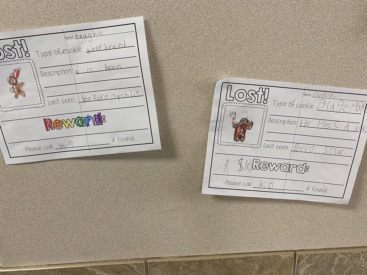 Today our class gingerbread, Candy Cane, ran away! 🤭 we created posters if anyone finds him! (Even though we are pretty convinced that the Grinch took him) <a href="/twehowl/">Tom Wilson Elementary</a> #twehowl
