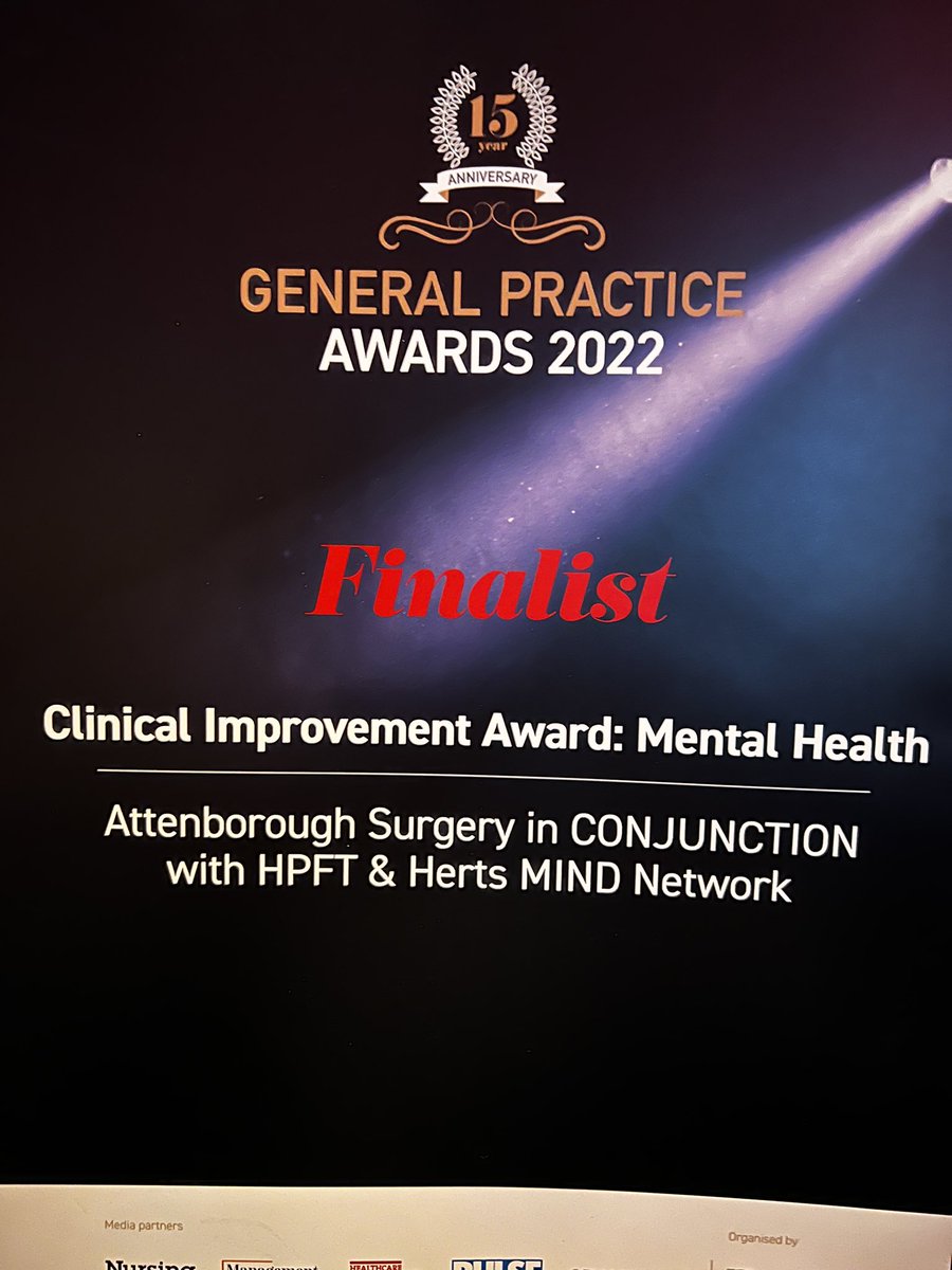 Fantastic to be at the <a href="/gp_awards/">General Practice Awards</a>. 

We have been working very closely with <a href="/HPFT_NHS/">Hertfordshire Partnership University NHS FT (HPFT)</a> &amp;  <a href="/HertsMind/">Hertfordshire Mind Network</a> over the past few years.

It’s lovely to be recognised for all our work 🙌

Congrats to all the other nominees 🥳
