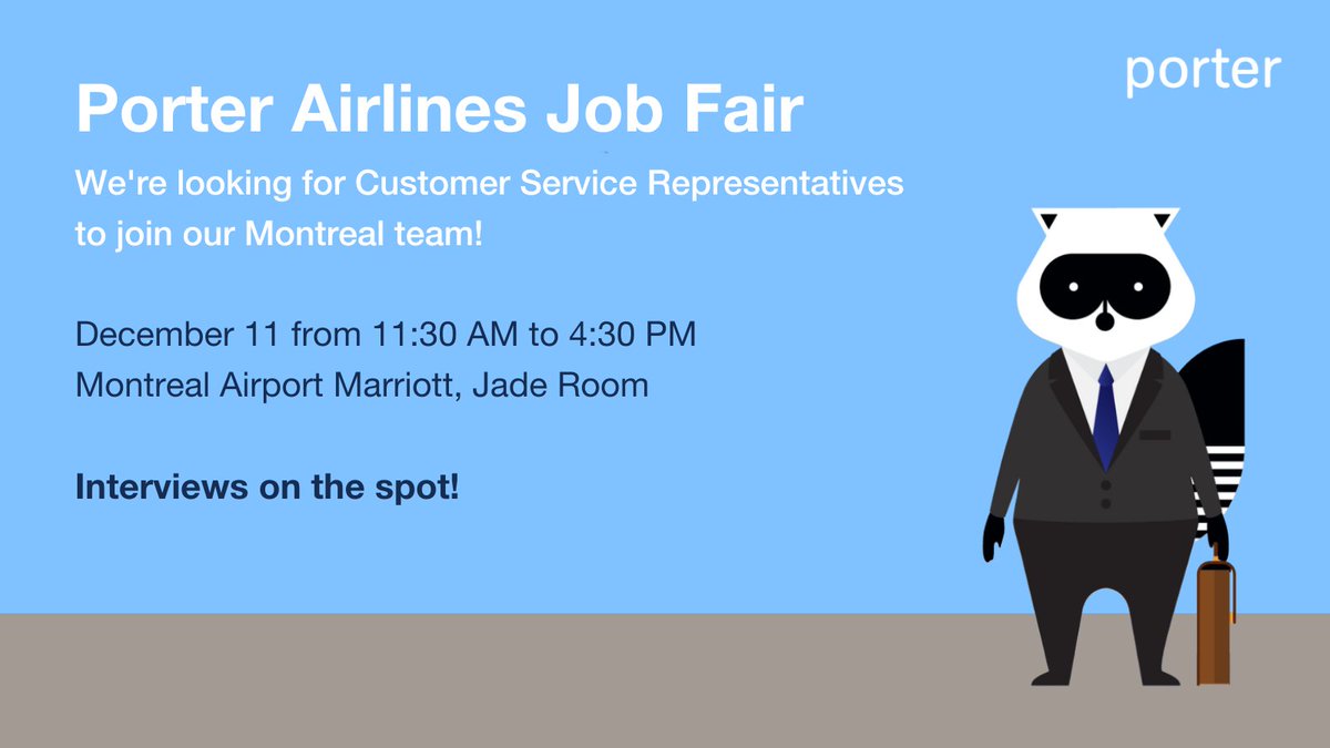 porterairlines's tweet photo. 📣 Porter is hosting a job fair in search of dynamic Customer Service Representatives to join our team. Come out this Sunday, December 11, and learn more about being on #TeamPorter.
Passez nous voir! https://t.co/TmYpmv2sjT