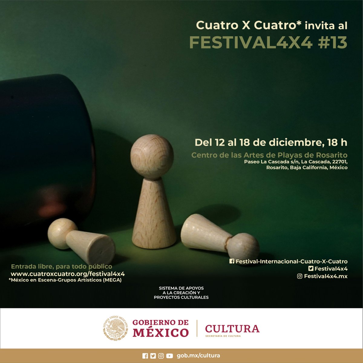🎭El <a href="/Festival4X4/">Festival4x4</a> es un encuentro para las prácticas de las artes escénicas, visuales, el periodismo, la poesía y la filosofía. Su 13a edición se llevará a cabo en Baja California en colaboración con el <a href="/CeartRosarito/">CeartRosarito</a>.

📅12 a 18 de diciembre
🎟Entrada libre
<a href="/cultura_mx/">Secretaría de Cultura</a>