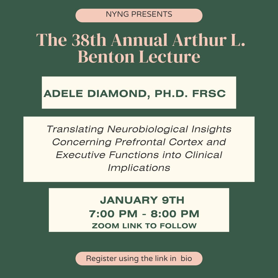 Join us on Monday 1/9 for the 38th Annual Arthur L. Benton Lecture with Adele Diamond, Ph.D., FRSC

Register --> nyng.org/event-5069585/…