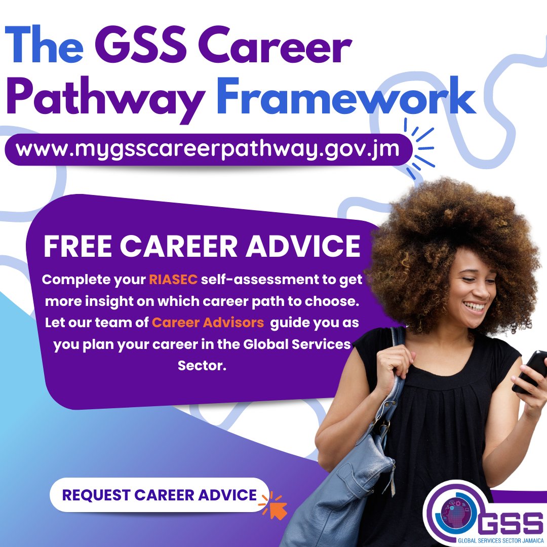 gssjamaica1's tweet photo. Have you visited the GSS Career Pathway Framework webpage? Do you want advice on which career path to take? Need help sprucing up your resume or tips for a successful job interview? Speak to a Career Advisor for FREE! #GSSJamaica #GSSCPF #GSSCareerPathwayFramework https://t.co/BAwUPp3oml