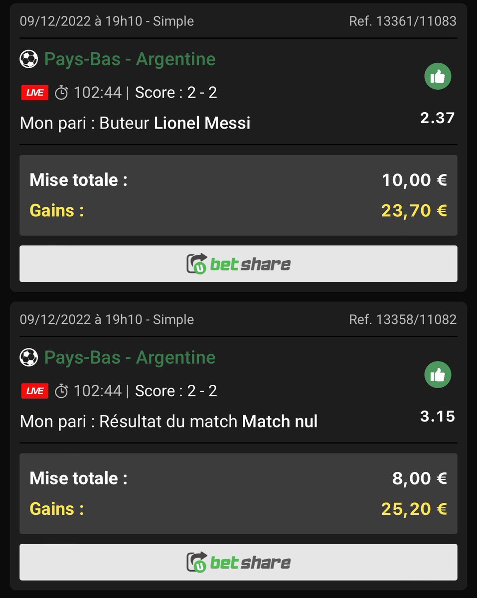 JokerTps's tweet photo. #FIFAWorldCup 

#NED  - #ARG 

👉 Messi ou Gakpo ou Depay @2,00 ✅

👉 Messi @2,10 ✅

#ExtraBet 🏆

👉 But de la tête @2,95 ✅

👉 match nul @3,15 ✅

Pas loin du perfect ce soir, j’espère que vous avez suivit !! 🤑🤩✅
 
#Qatar2022 https://t.co/8BMP0UpvuH