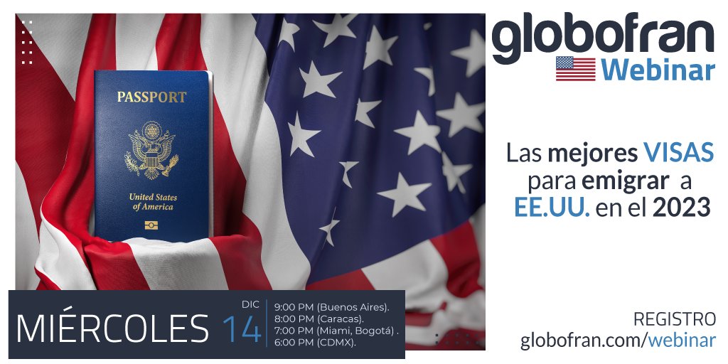 globofran1's tweet photo. Para cerrar el año, te invitamos a participar en este evento en vivo gratuito diseñado para aclarar tus dudas y puedas evaluar las opciones de visa disponibles para emigrar a los EE.UU.

¡Te esperamos!
https://t.co/S3KQyaUPR9 https://t.co/haO4p09XGa