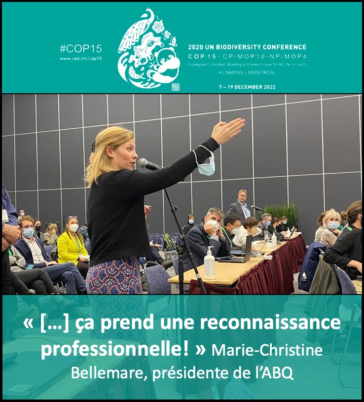 BiologistesQc's tweet photo. «Nous n’avons pas de temps à perdre à se demander si les professionnels qui vont mettre tout ça en oeuvre sont compétents. [...] Ça prend une reconnaissance professionnelle! » Mme Bellemare, présidente de l'#ABQ

@s_guilbeault @CharetteB @Val_Plante @snapqc #COP15 https://t.co/BOPdmG5Hfw
